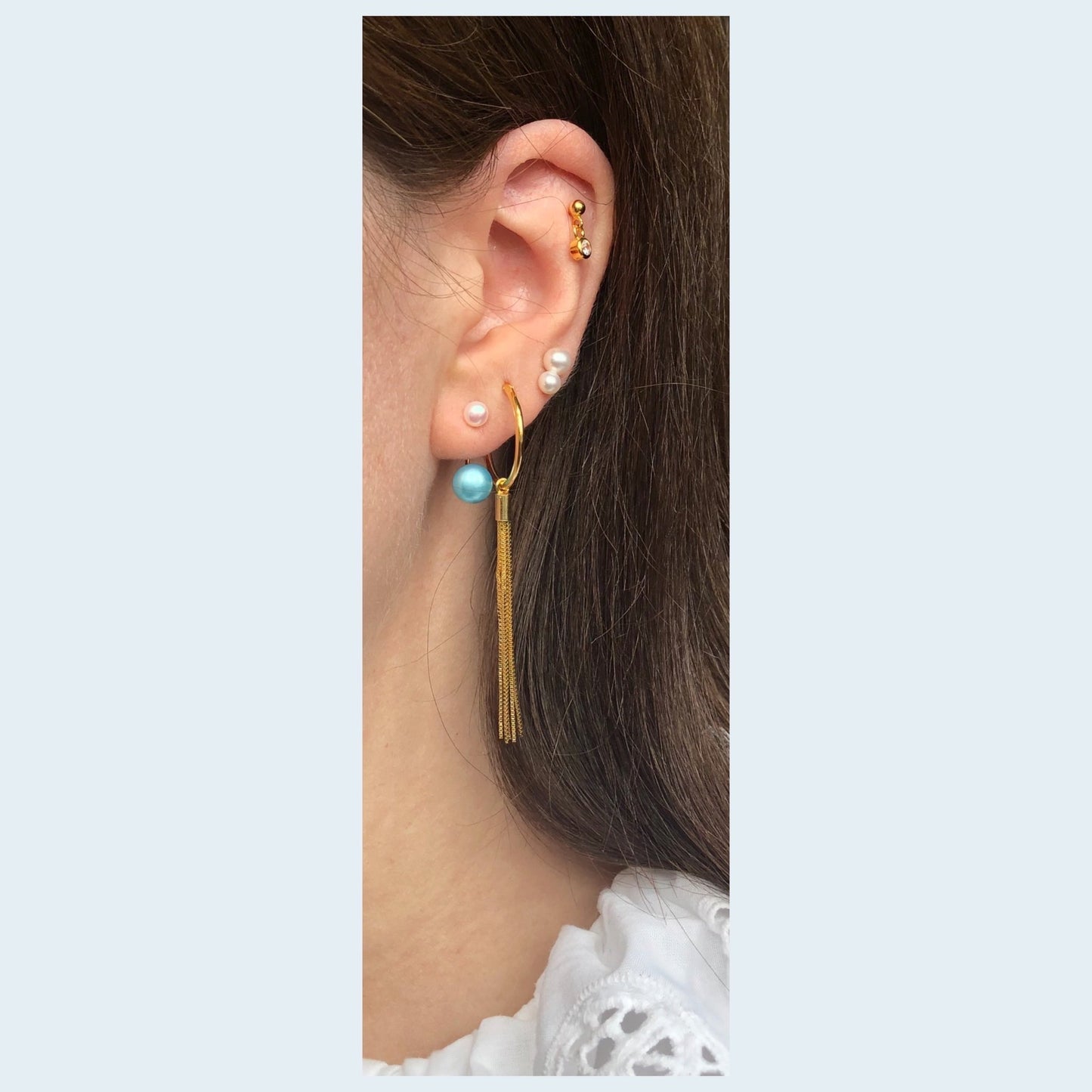 Treasure Stud Turquoise Earring -  Gold Plated Silver White, Turqouise Freshwater Pearls