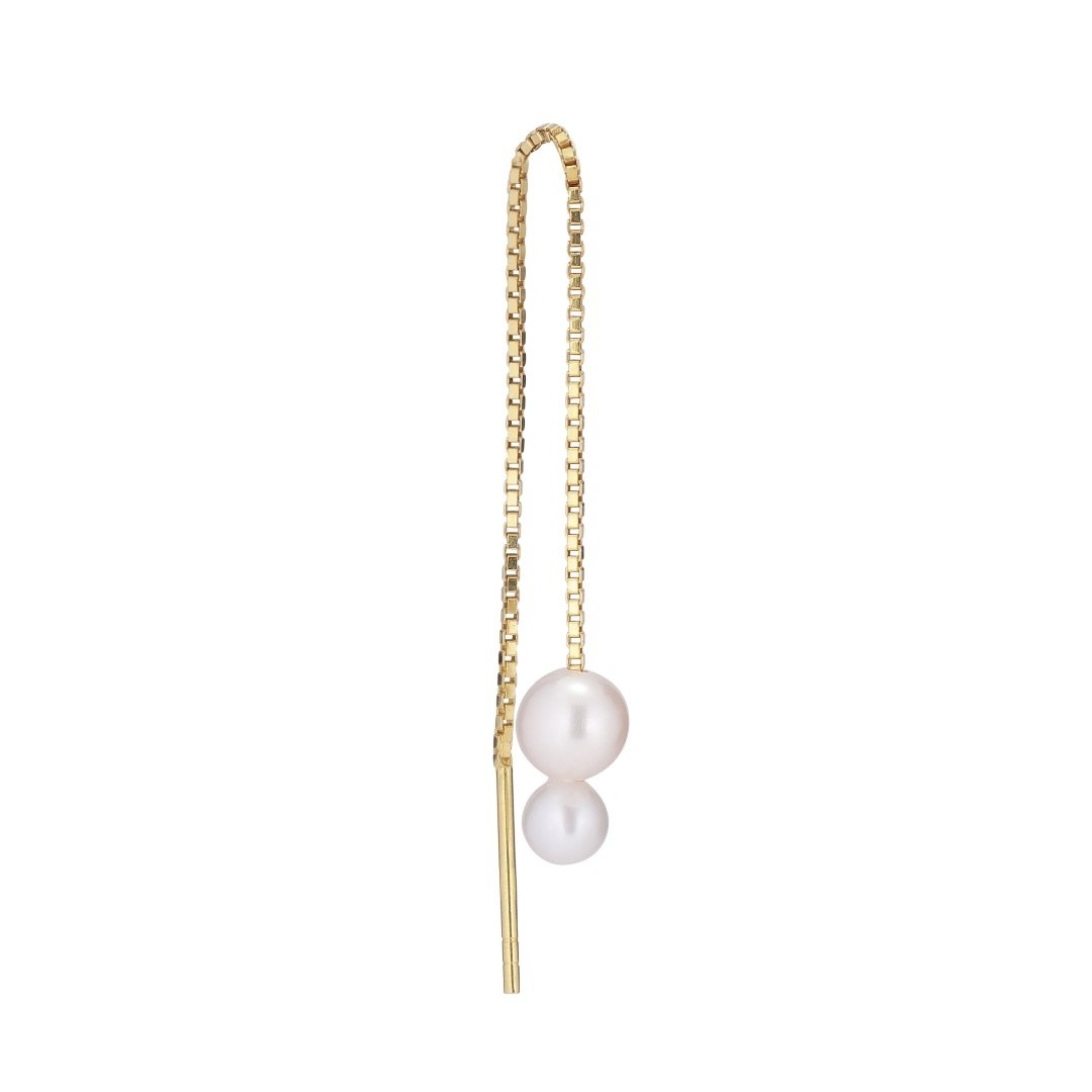 Deux Threader Earring -  Gold Plated Silver White Freshwater Pearls