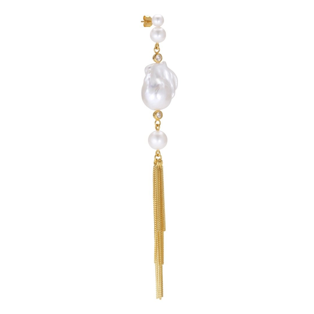 Baila Stud Large Earring -  Gold Plated Silver Clear, White Freshwater Pearls, Cubic zirconias